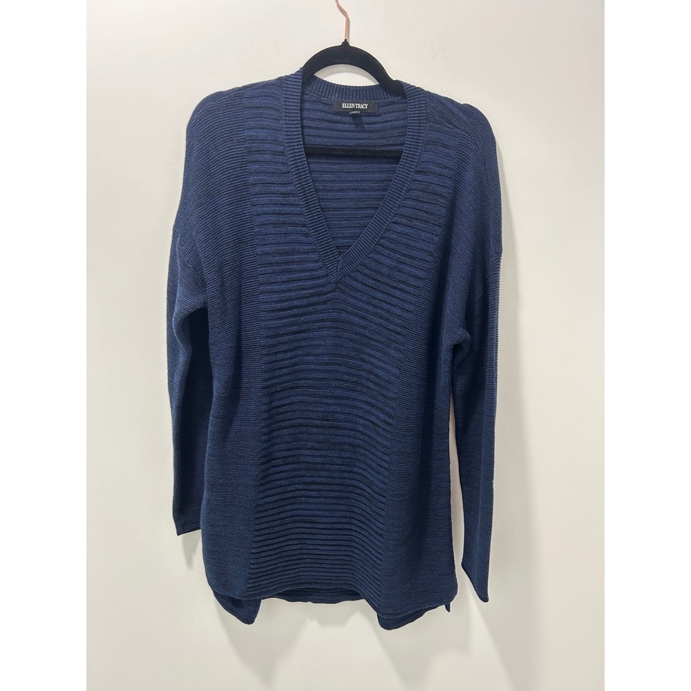 Ellen Tracy Womens XL Admiral Blue Black Ribbed V-Neck Sweater ECMF62020